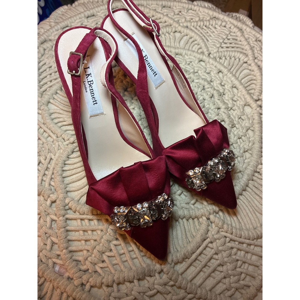 LK Bennett Burgundy Suede Satin Bow Crystal Slingback Pumps Heels Size 36